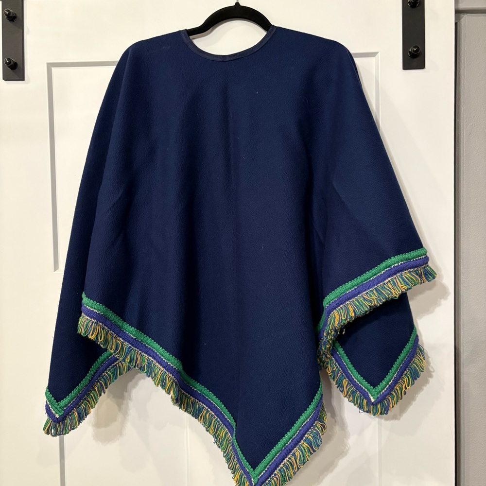 Navy Blue Poncho with Fringe Trim
